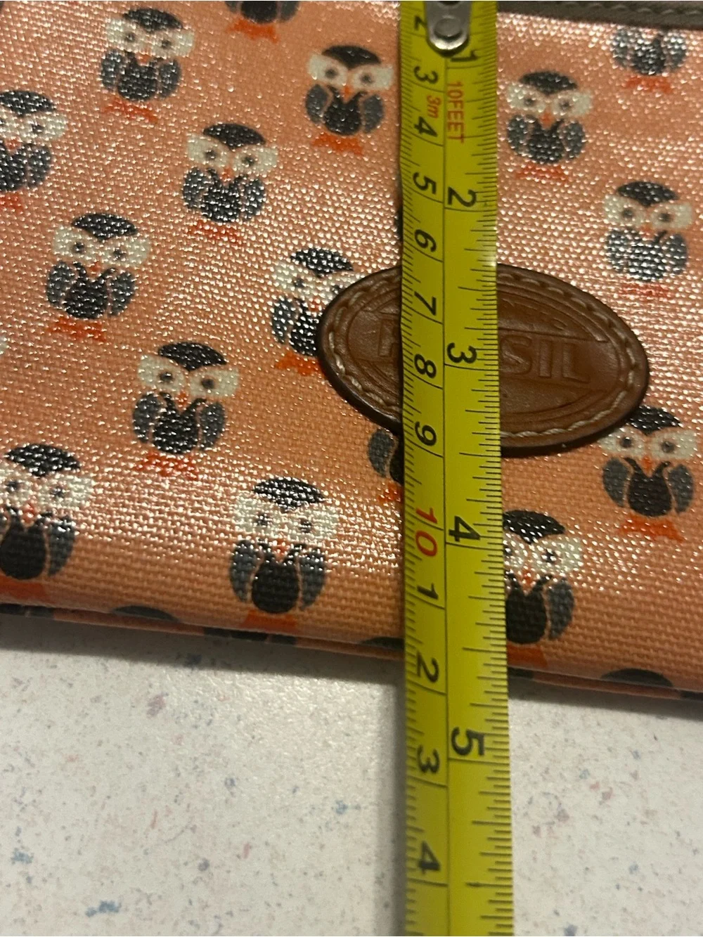 Fossil Peach Canvas Owl Zip Card Wristlet